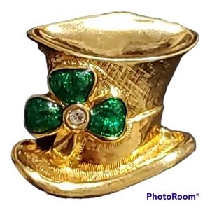 Vintage Avon Golden Irish Leprechaun Top Hat PinBack Green & Clear Rhinestones